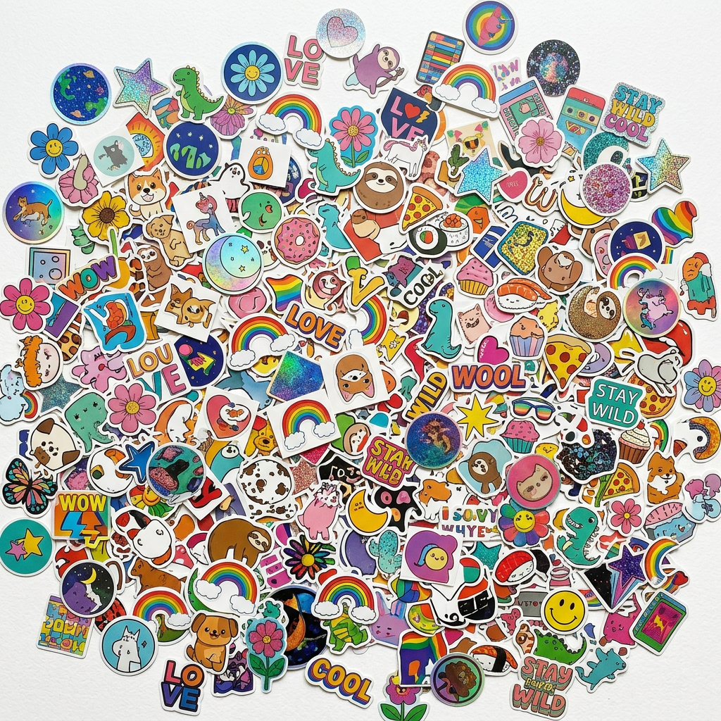 Assorted colorful stickers of animals, rainbows, food, and positive words.